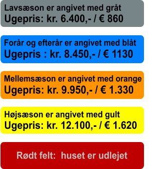 Højsæson er angivet med gult Ugepris: kr. 12.100,- / € 1.620 Mellemsæson er angivet med orange  Ugepris: kr. 9.950,- / € 1.330 Forår og efterår er angivet med blåt Ugepris : kr. 8.450,- / € 1130 Lavsæson er angivet med gråt Ugepris: kr. 6.400,- / € 860 Rødt felt:  huset er udlejet